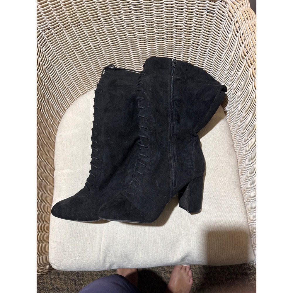 Black Faux Suede Lace Up Front Block Heel Tall Boots Pointed Toe 9W 38084661